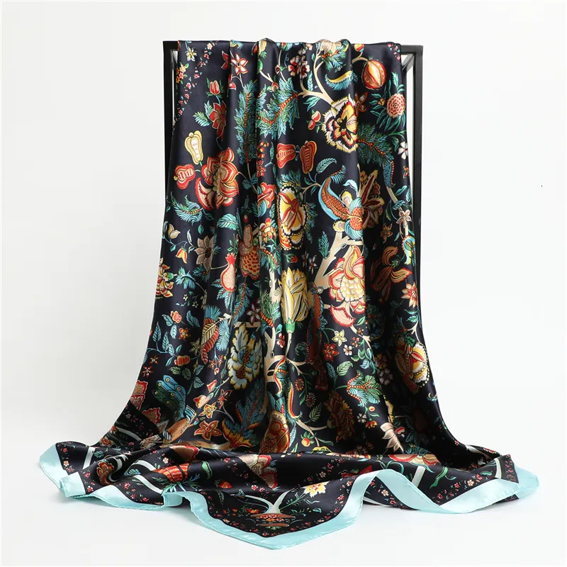 Scarves Fashion Silk Square Scarf for Women Hair Band Soft Neckerchief Vintage Hijab Flower Print Headscarf Female Pashmina Bandana 230328