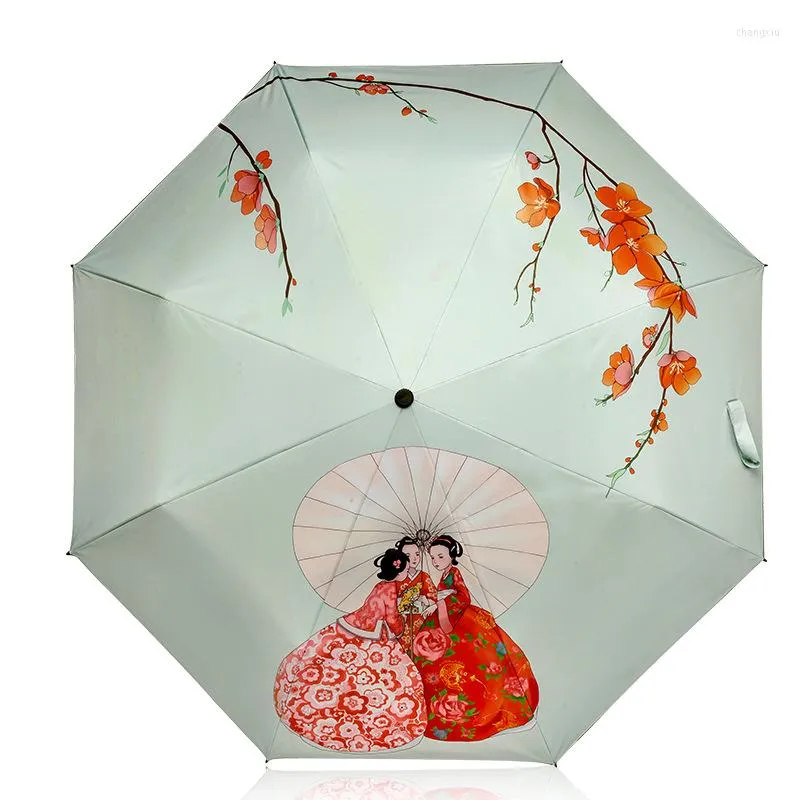 Parapluies de style chinois Revêtement d'argent Parasol d'été Parapluie ensoleillé et pluvieux Trois fois Paraguas Femmes Anti-UV Pluie