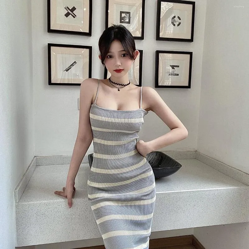 Casual Dresses 2023 Sexy Knitted Dress Slim Fit Looking Base Mixed Color Stripe Midi For Women Party Korean Fashion Style Vint