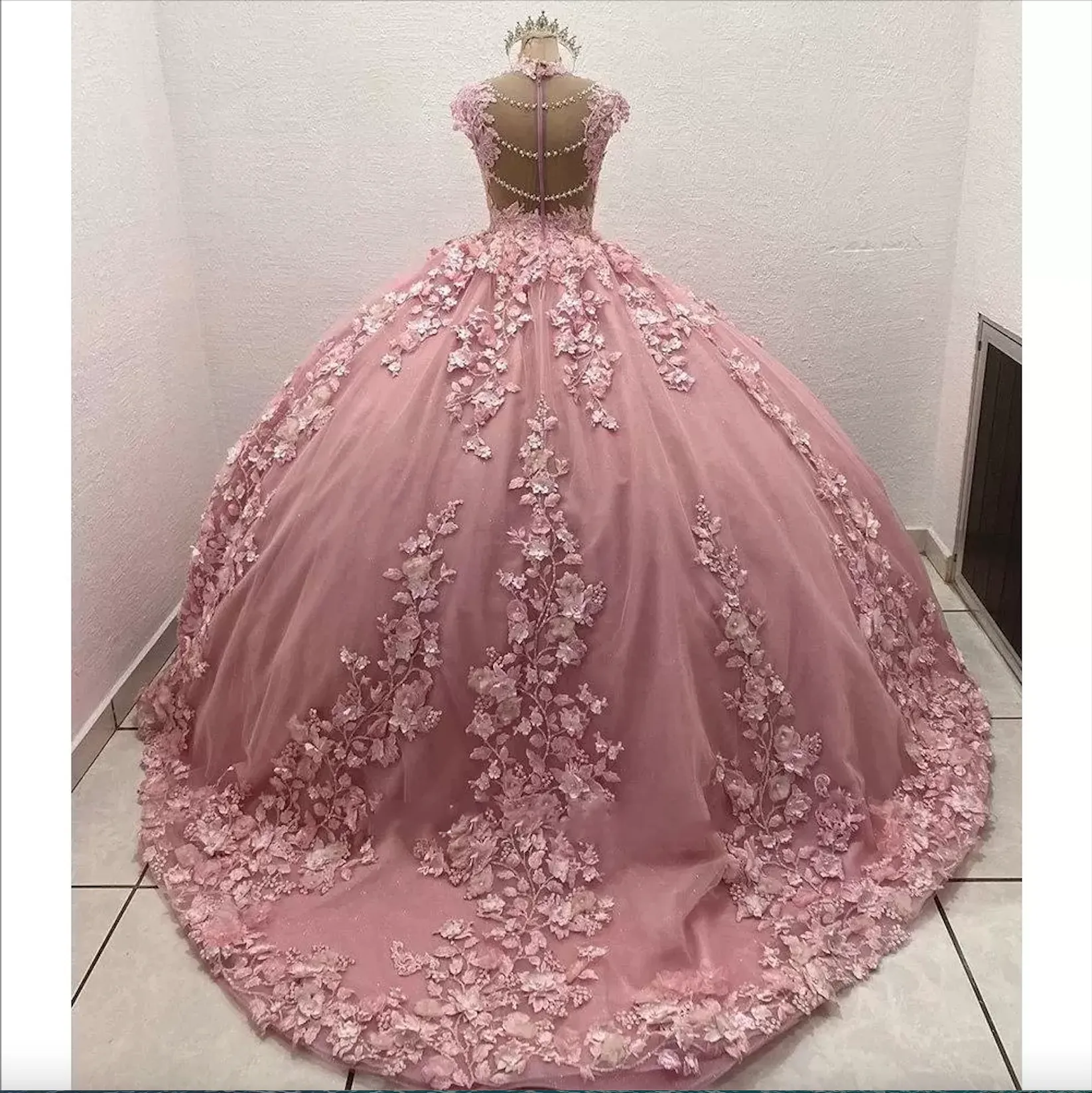 Pink High Neck Quinceanera Dresses Cap Sleeve Lace Flower Mexican 3D Floral Sweet 15 Gowns Puffy Skirt Vestidos 16 Anos