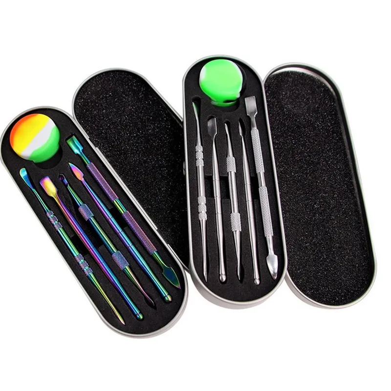 Wax Dabber Tool Dab Tool Kit de acero inoxidable Stick Carving Vaporizer Pen con contenedor de aceite de silicona de 5 ml Caja de aluminio Embalaje para accesorios para fumar Hierba seca