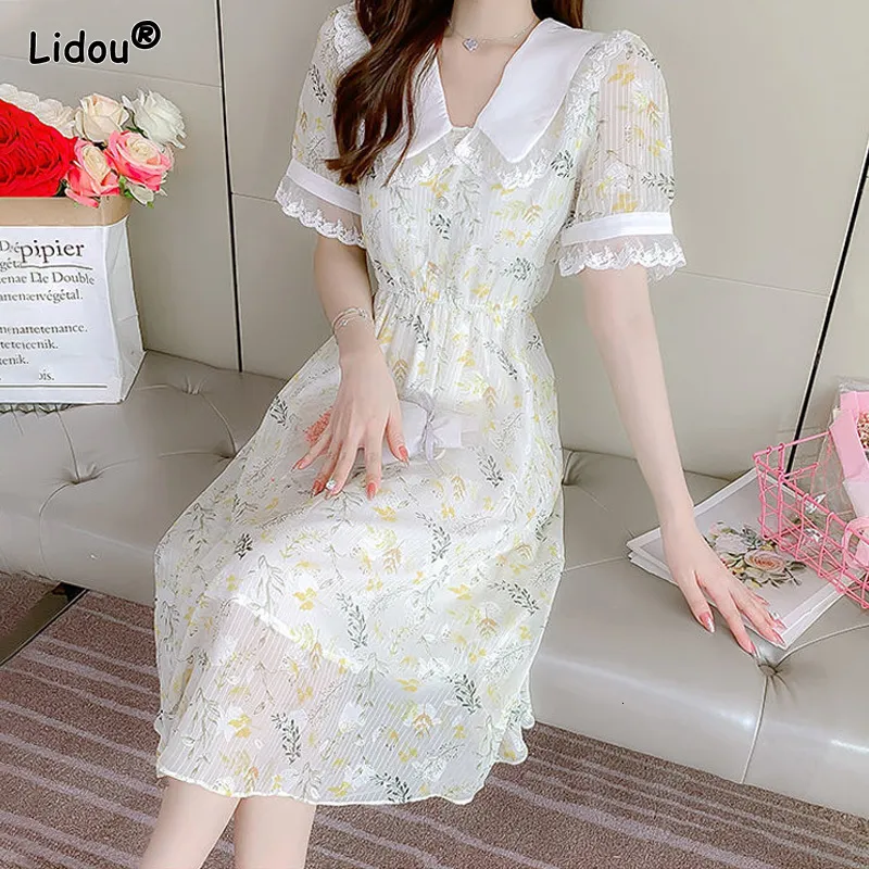 Casual jurken Chiffon Peter Pan Collar Lace Print Mid-Kalf Dresses Empire Button Puff Sleeve Slim pullover Summer Fairycore Dameskleding 230329