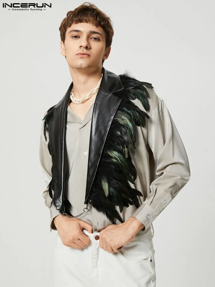 Men's Vests INCERUN Men Vests Feather PU Leather Patchwork Fashion Backless Irregular Waistcoats Men Streetwear Lapel Sleeveless Vests 230329