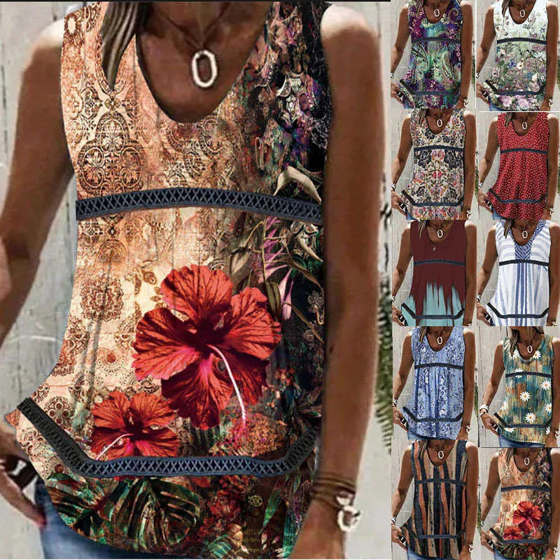 2023 New Summer Women's Tank Top Printed Panel Tops Sleeveless T Shirt Plus Size S-5xl Vest Women Clothing