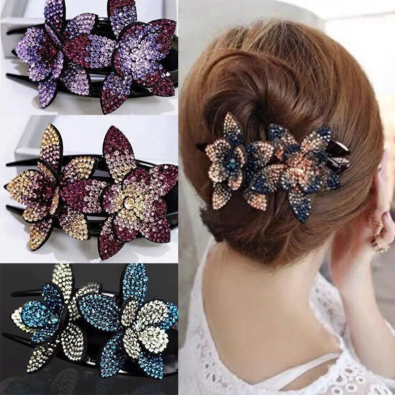 Hårklämmor Barrettes Rhinestone Doubleflowr Clip Crystal Peals Combs Female Elegant Beads Hair Grip Handmade Cip AccessoriesHair Barrettesh