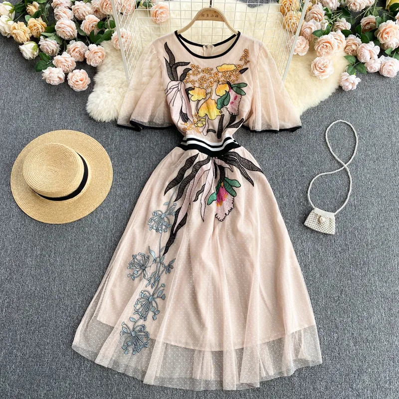 green emerald velvet dress Leaf Embroidered Stripe Poplin Dress, Garden Leaf – SOTE main image 0