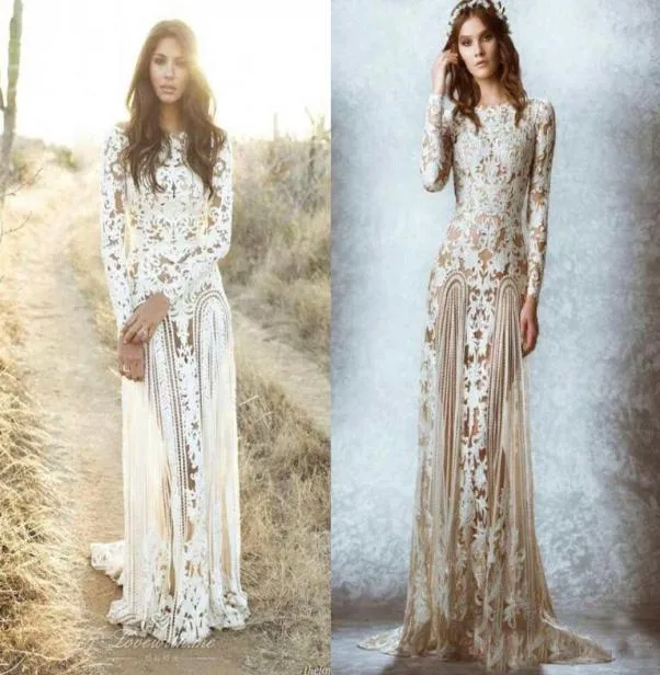 Zuhair Murad Sheer långa ärmar Full Applique spets bröllopsklänningar golvlängd juvelhalsad mantel skräddarsydda brudklänningar stunnin8131132