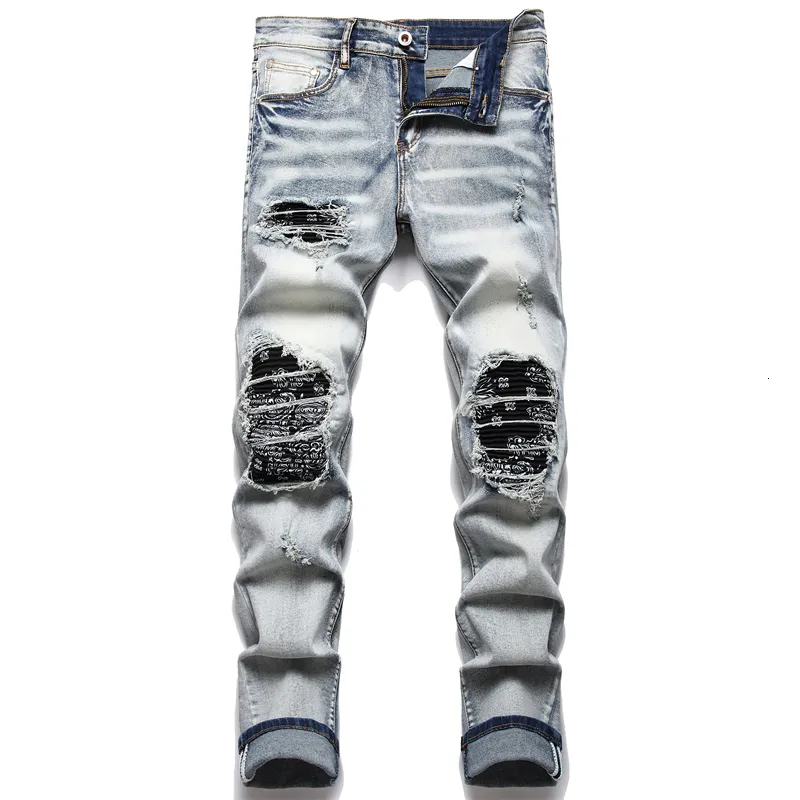 Herr jeans män cyklist jeans streetwear paisley bandana tryck lapp stretch denim byxor lapptäcke hål rippade smala raka svarta byxor 230329