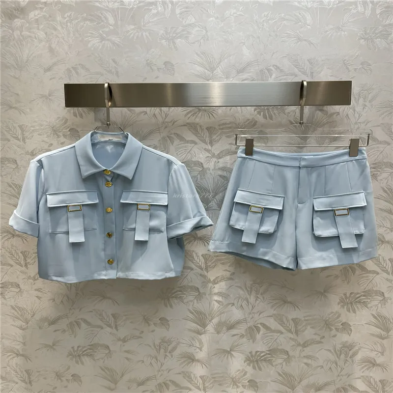 23SS Женский дизайнерский дизайнер с двумя пьесами наборы девушек негабаритный бренд Milan Runway Metal Button Outwear Blouse Рубашки