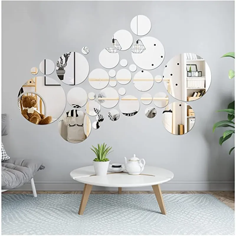 Sticker mural 12 PCS / S 3D Miroir Autocollant Amovible Pour Salon Chambre  à coucher TV Fond Décoration Murale Argent