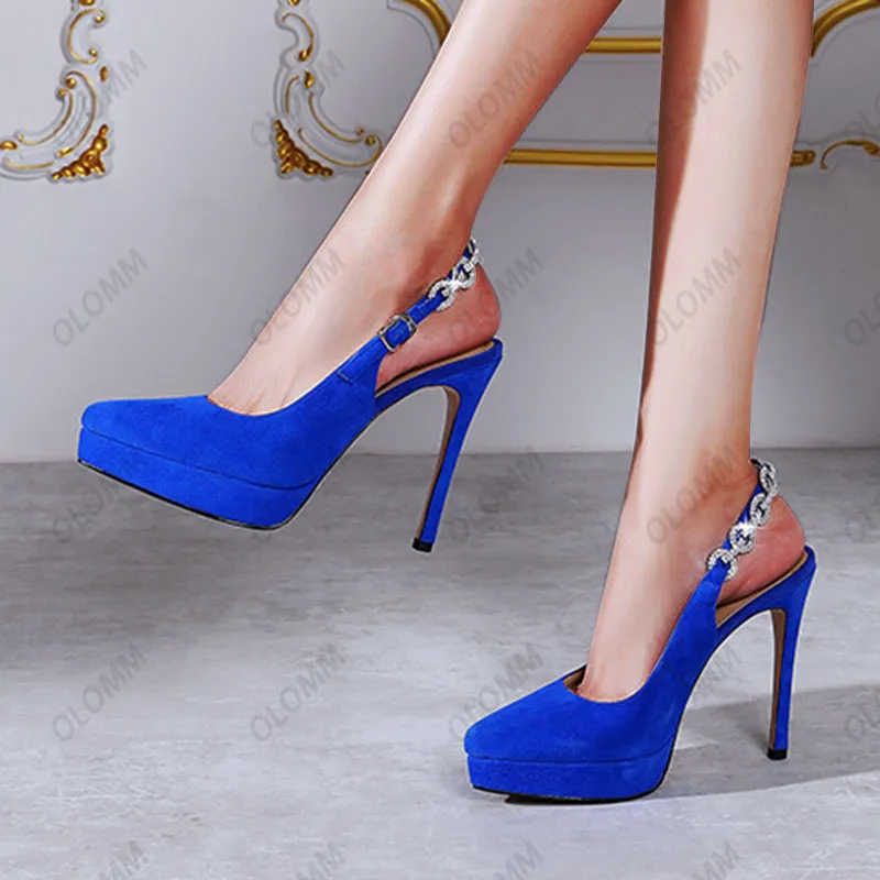 Olomm Women Spring Pumps Soede Sexy Thin Thight Highs مدببة إصبع القدم الأنيق Black Blue Party Shoes Ladies Plus Us Size3-9.5