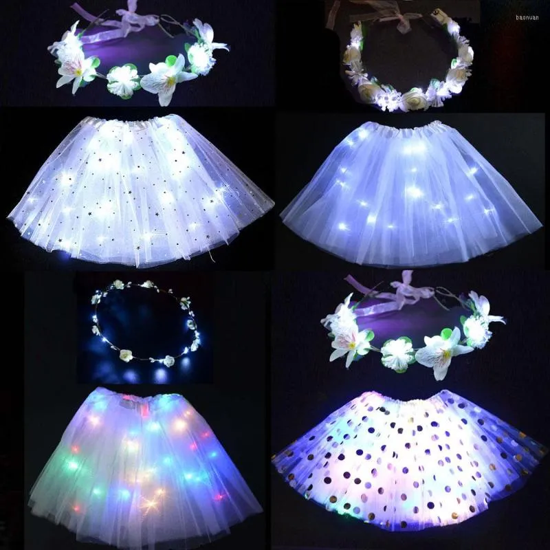 Stage Wear White Flower Girl Led knipperende krans verlichte rok tutu cosplay ballet voor volwassen kinderen bruiloft kostuum Kerstmis