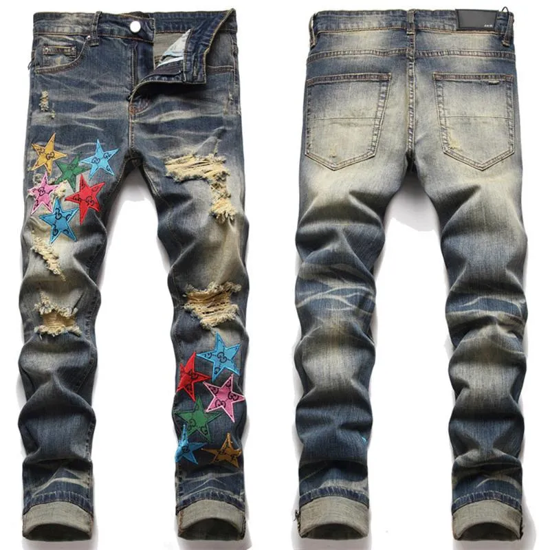 European Trend Jean Letter Star Jean Men Embroidery Patchwork Ripped Jeans Trend Brand Motorcycle Pant Mens Skinny Jeans 911