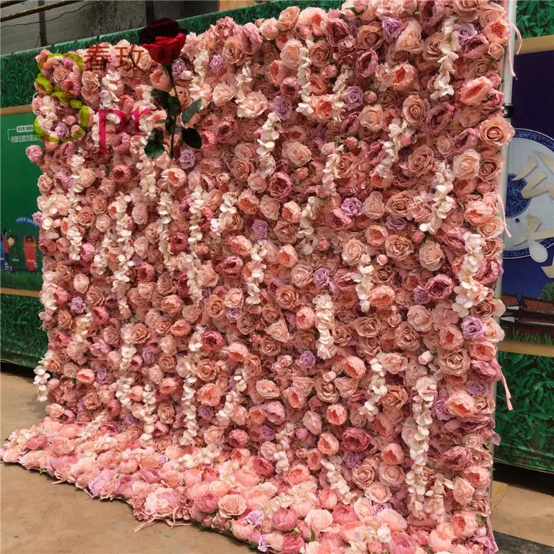 Couronnes de fleurs décoratives SPR Événements de mariage rustiques Décoration de plafond Rose noire Hortensia Artificielle Roll Up Flower Backdrop Wall