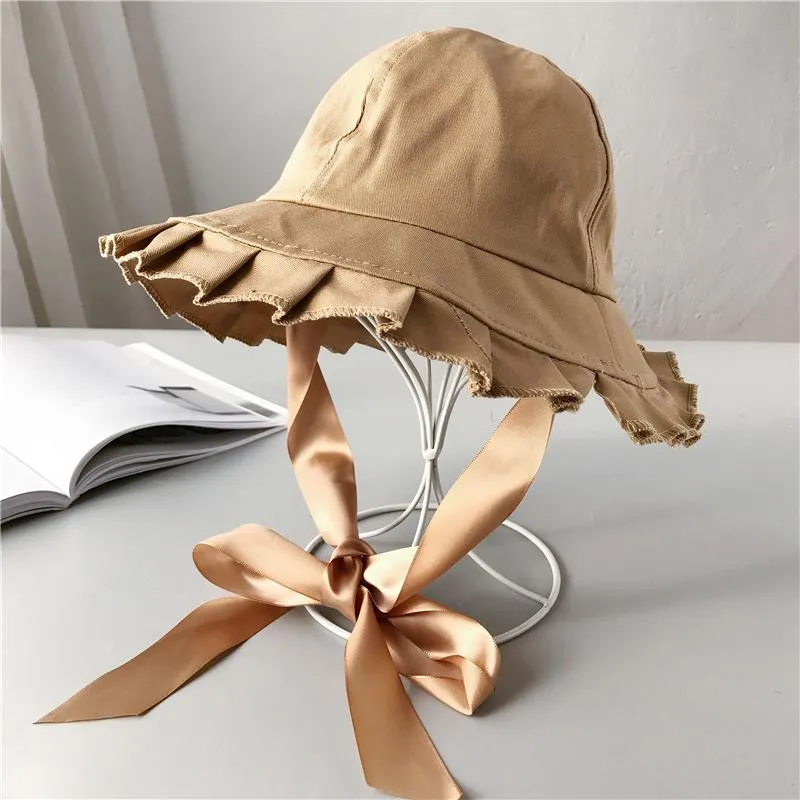 Wide Brim Hats Summer Pleated Leisure Bucket Cap Monochrome Tie Fisherman Hat Camping Travel Ladies Sun Sunscreen Horse Tail Sale