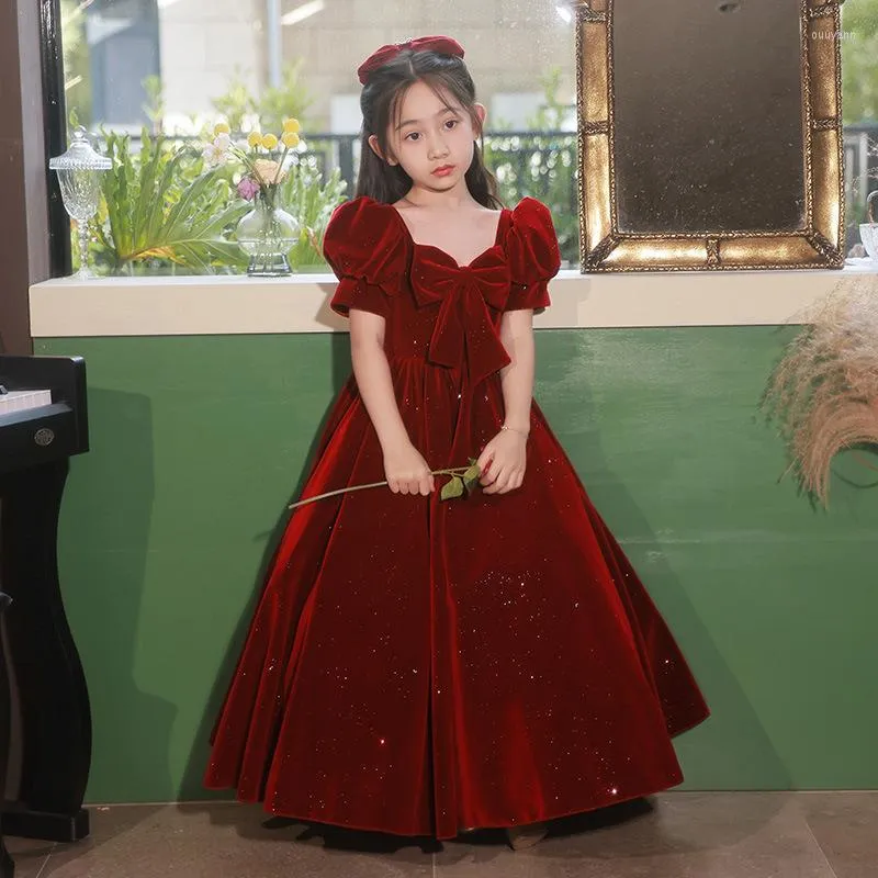 Girl Dresses Red Flower Girls Dress Square Collar Short/Long Sleeve Bowknot Velvet Wedding Party Gown Simple Elegant Kids Prom