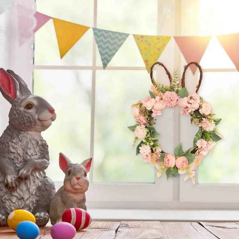 Decorative Flowers Wreaths Bunny Front Door Artificial Easter Rabbit Wreath Curl Greens With Pastel Eggs Hanging Wall Window Decor P230310