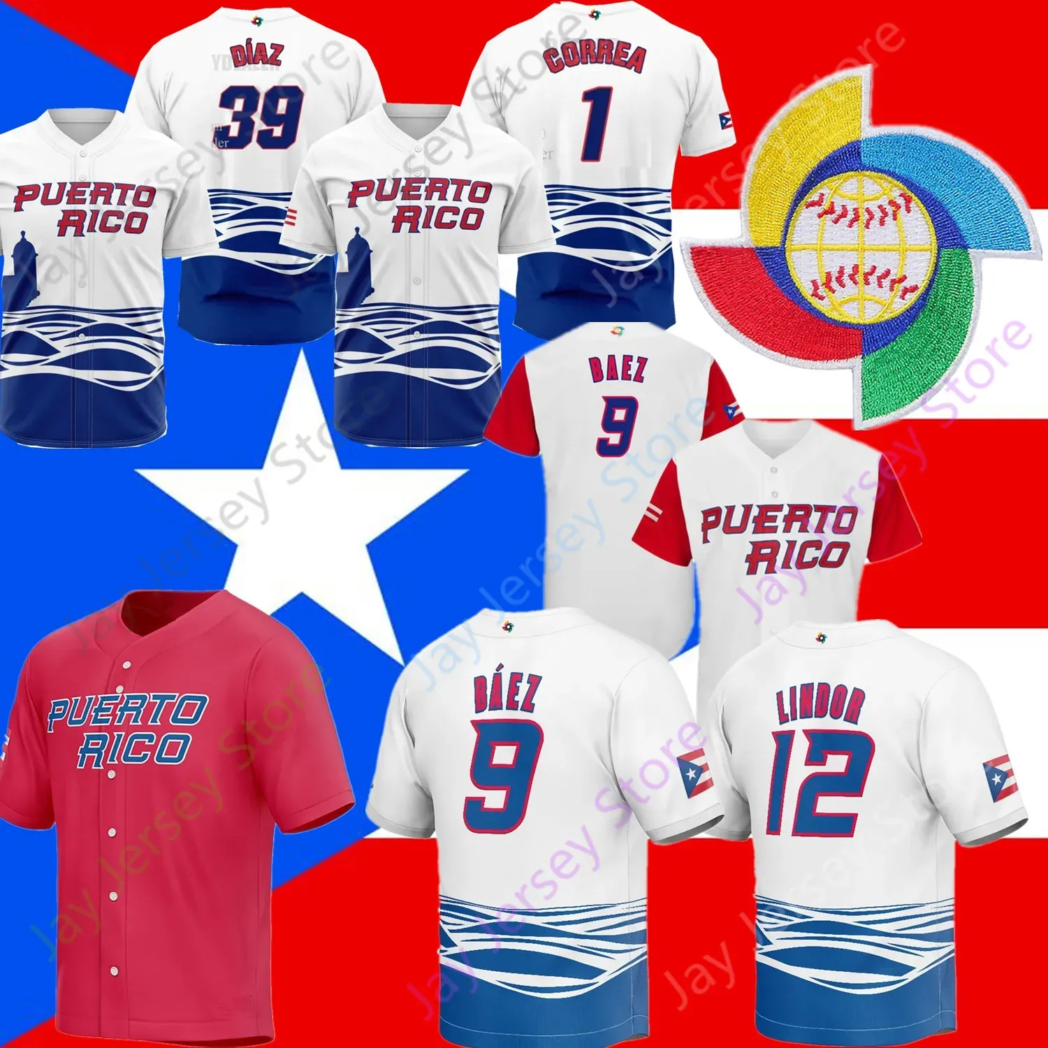 2023 WBC Team Puerto Rico Baseball Jersey World Series Cup Roberto Clemente Yadier Molina Edwin Diaz Marcus Stroman Javier Baez Lindor Herna