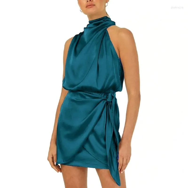 Casual Dresses Womens Sleeveless Halter Mock Neck Ruched Belted Wrap Satin Bodycon Mini Dress