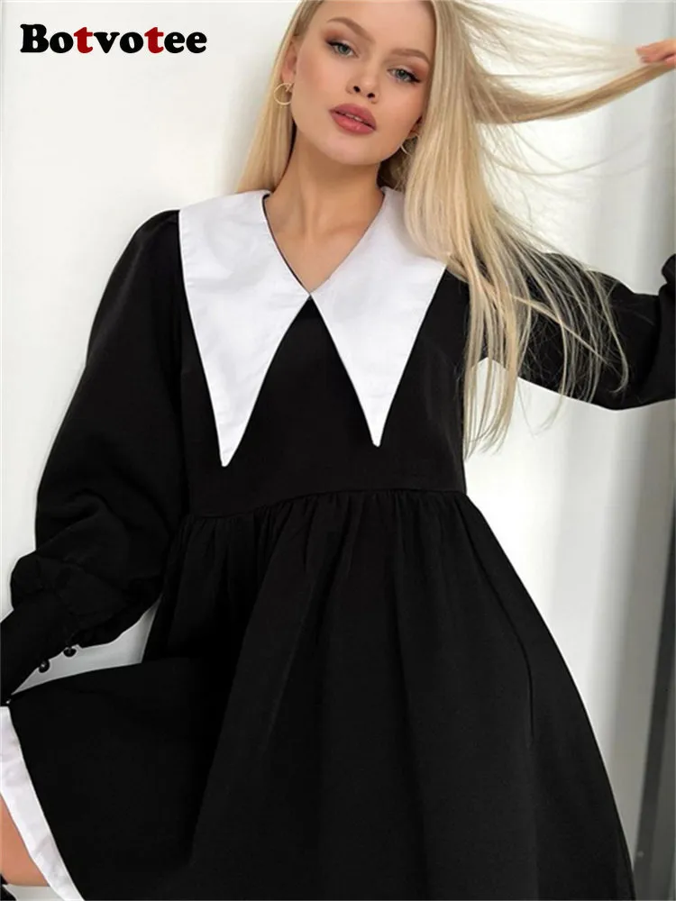 Robes Decontractees Botvotee Robe Noire Pour Femmes Taille Haute Col Claudine Manches Longues Patchwork Mini Robes Une Ligne Robe Decontractee 230329 Du 25 39 DHgate