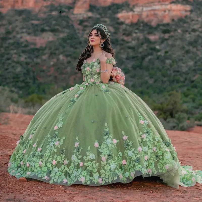 Ny ankomst blommor bollklänning quinceanera klänningar applikationer pärlor vestidos de 15 anos korsett klänning för 15: e prom födelsedag 322: e