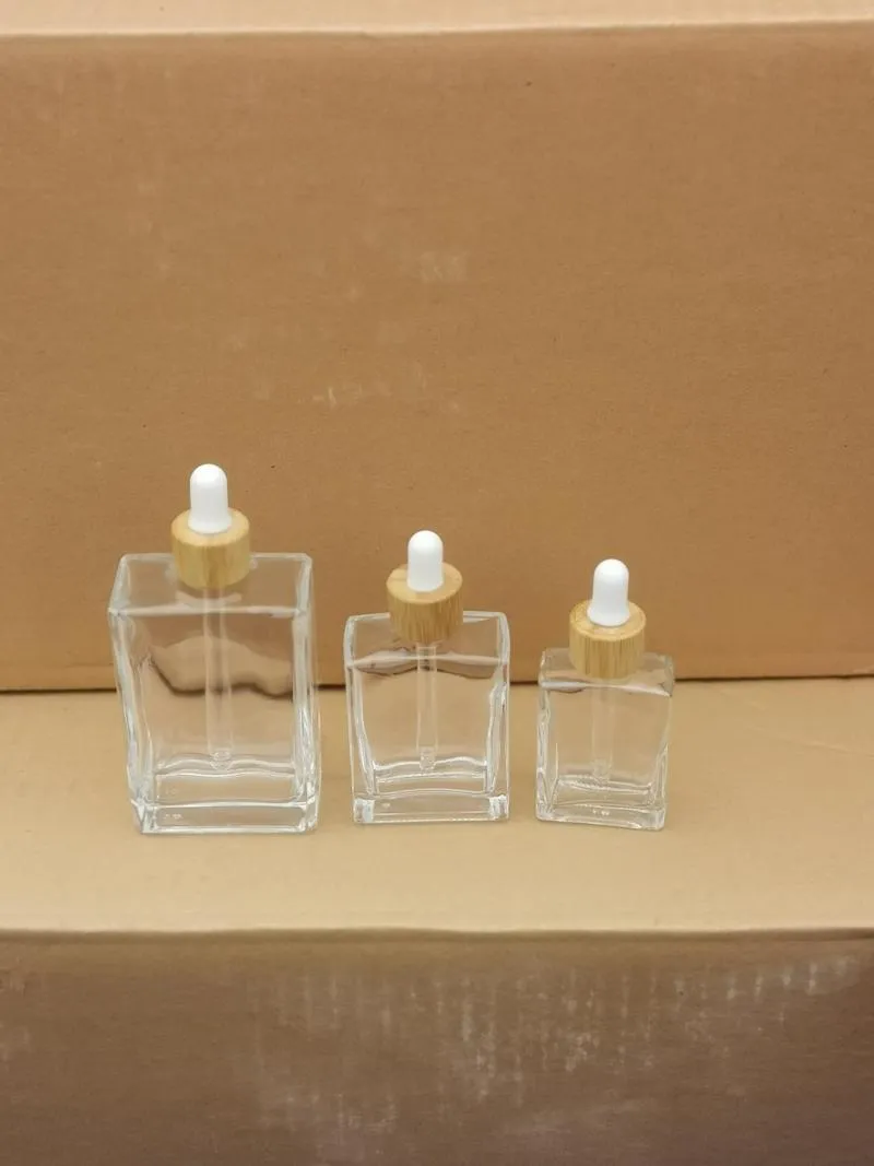 Storage Bottles 100ml 50ml 30ml Square Clear Glass Bottle With Bamboo Dropper Lid Essential Oil Container Cosmetic Vial