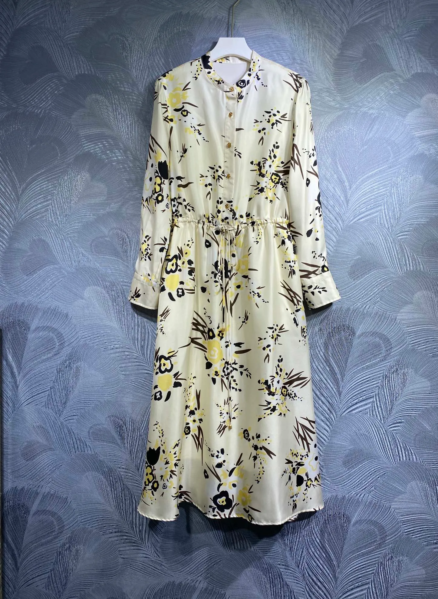 Printed Waist Wrapped Dress Light Luxury Drawstring Shirt Long Dress Twill Silk