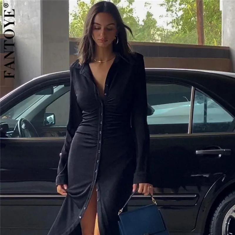 Casual Dresses Ruched Turn-Down Collar Button Blouse Dress Women Sexy Long Sleeve Midi Elegant Black Skinny Female Vestidos