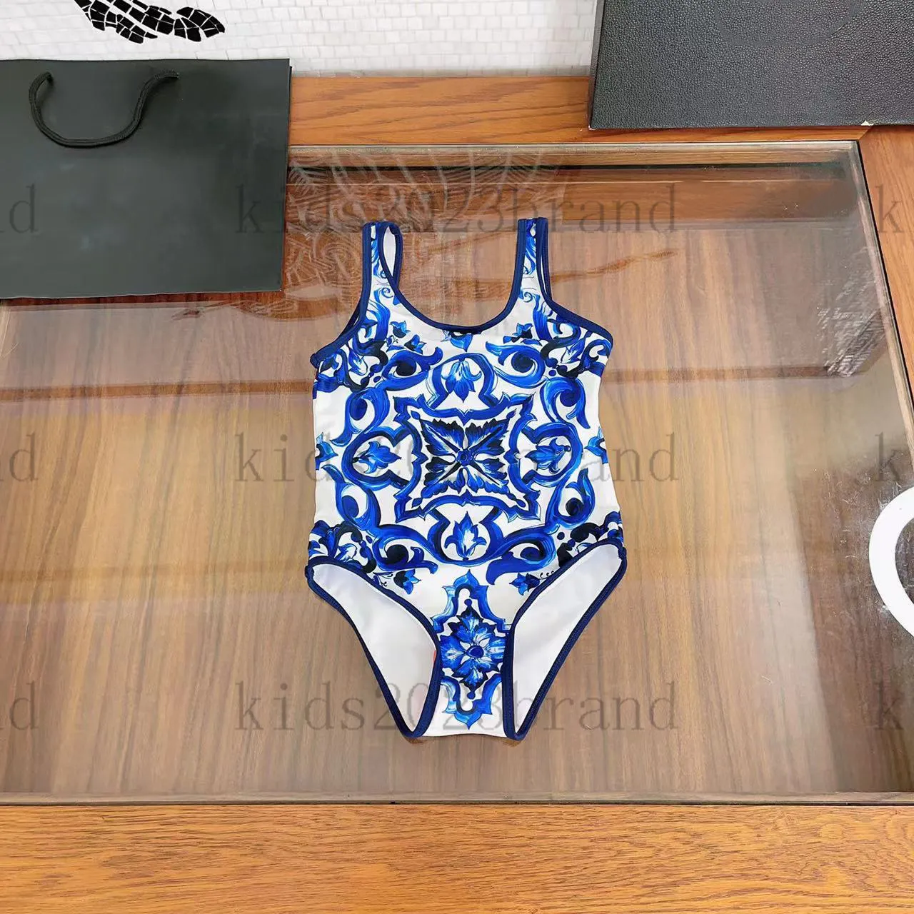 blue color swimsuit designer kids one-pieces swimsuit brand children bikini 2023 summer girls swimming suits cotton lining size 80-150cm