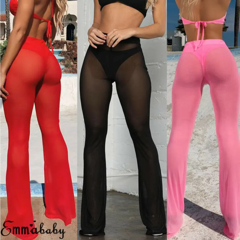 Women's Pants Capris Sexy Ruffle Women Beach Mesh Pants Sheer Leg Pants Transparent See through Cover Up Bikini Trouser Pantalon 230330