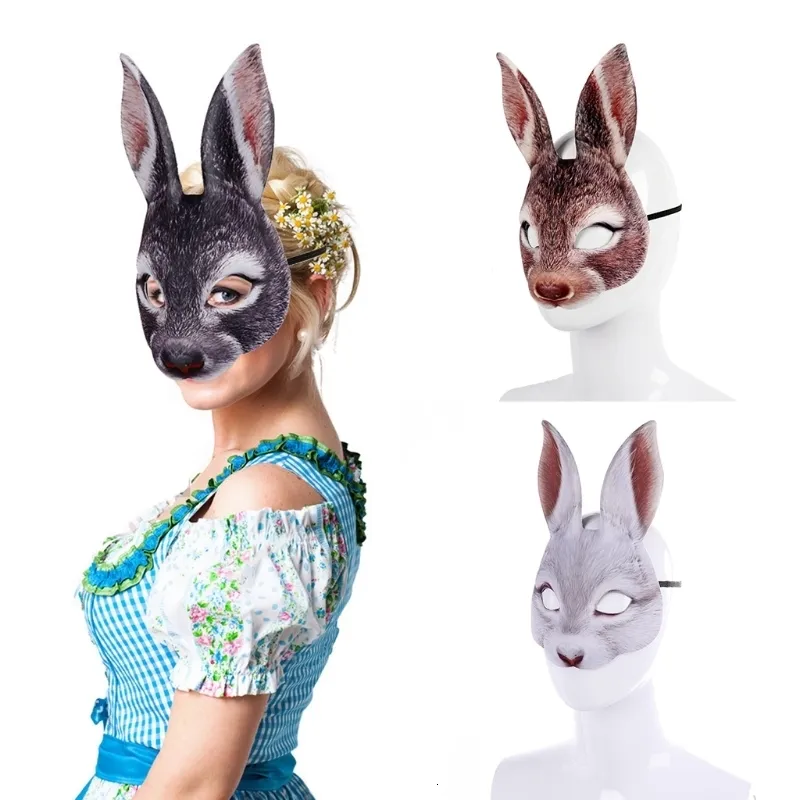 Party Masks EVA Half Face Rabbit Mask Adult Halloween Animal Head Mask Party Role Playing Mask Easter Carnival Makeup Ball 230329