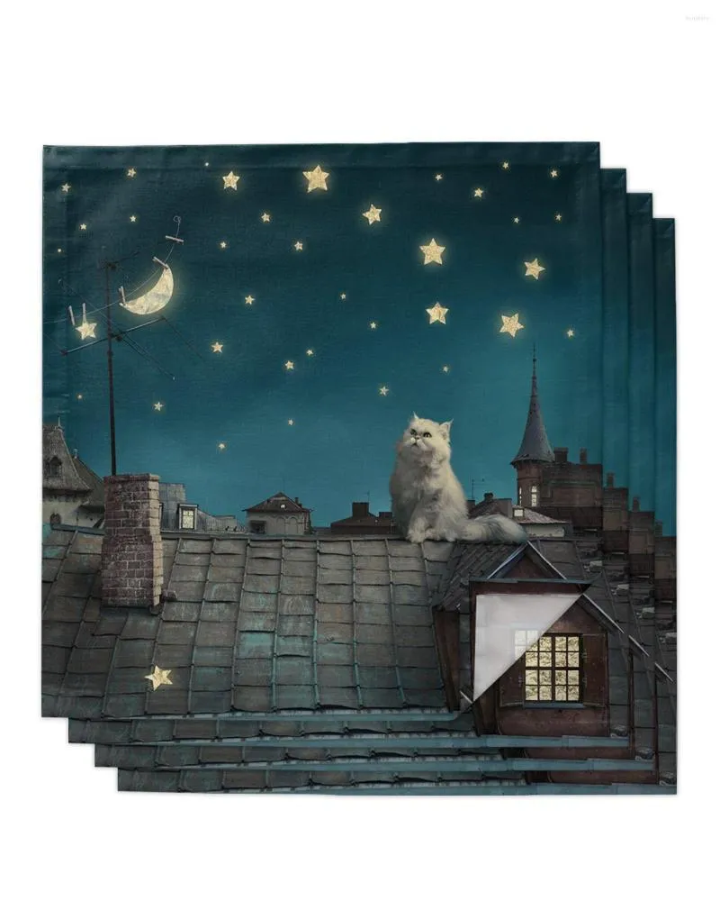 Table Napkin 4pcs Kitten Roof Night Stars Square 50cm Party Wedding Decoration Cloth Kitchen Dinner Serving Napkins