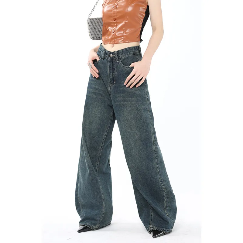 Kvinnors jeans blå hög midja jean rak y2k chic design streetwear vintage baggy denim byxor mamma slouchy wide ben byxor 230330