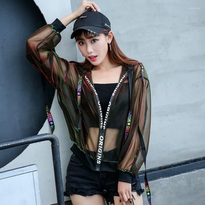 Women's Jackets Harajuku Transparent Thin Crop Jacket Womens Summer Streetwear Loose Organza Bomber Baseball Basic Coat Outerwear