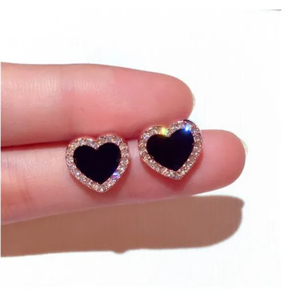 Inateannal Vintage Nero Smalto Cuore Orecchini Cuore Di Cristallo