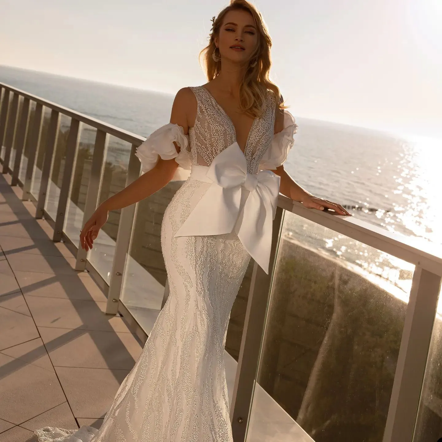 Gorgeous Mermaid Wedding Dresses V-neck Belt with Big Bow Applicants Zipper Layered Sleeves Court Gown Custom Made Plus Size Bridal Vestidos De Novia