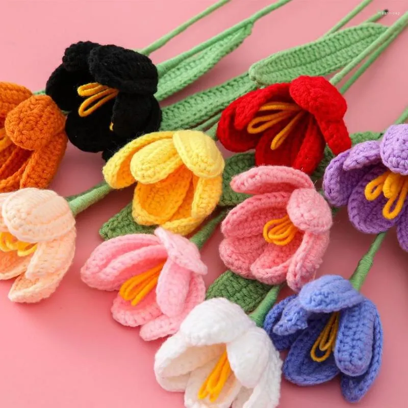 Dekorative Blumen, 2 Stück, handgestrickte Tulpenblumen, Dekoration, gehäkelt, künstlich, handgefertigt, für Heimwerker