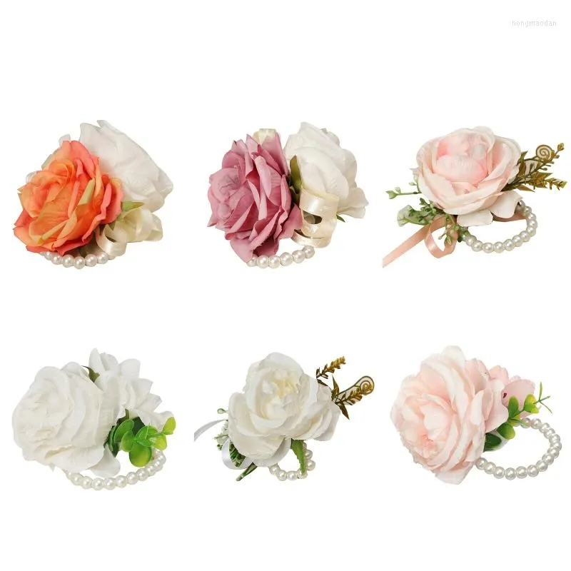 Fiori decorativi Bracciale da polso con corpetto da polso rosa artificiale con foglie verdi Bracciale da polso con perle da sposa Mano per damigella d'onore della sposa