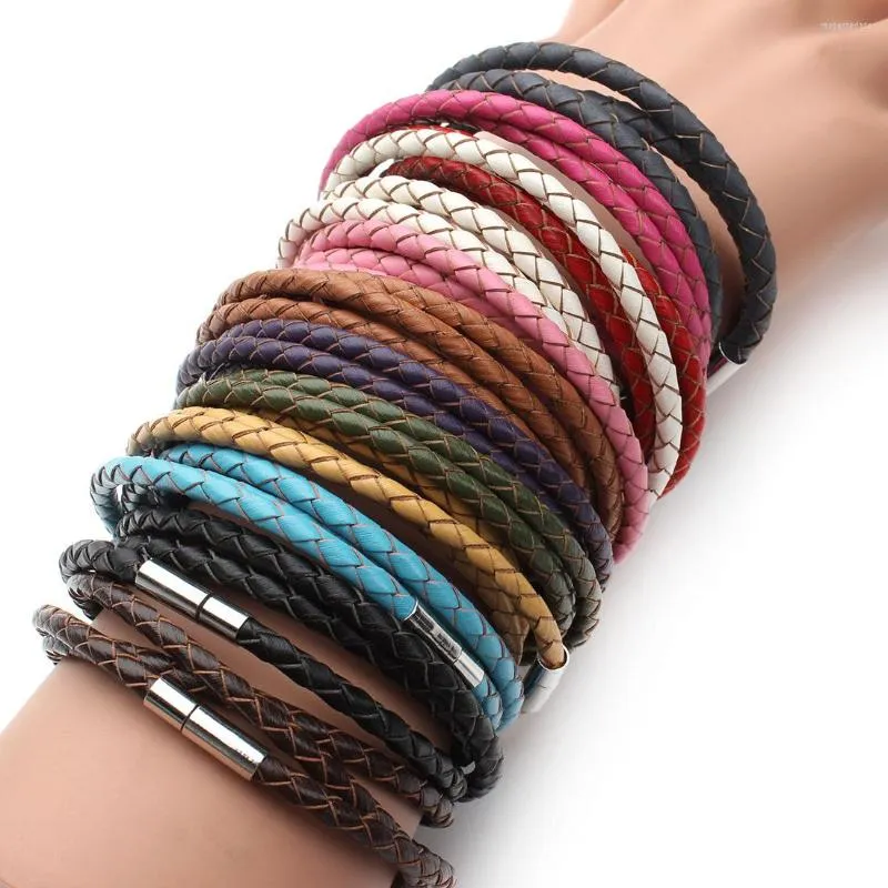 Strand Trendy 3 Layer Braided Leather Bracelet For Men Women12 Color Round Rope Magnetic Clasps Charm String Couple Bangle Gifts