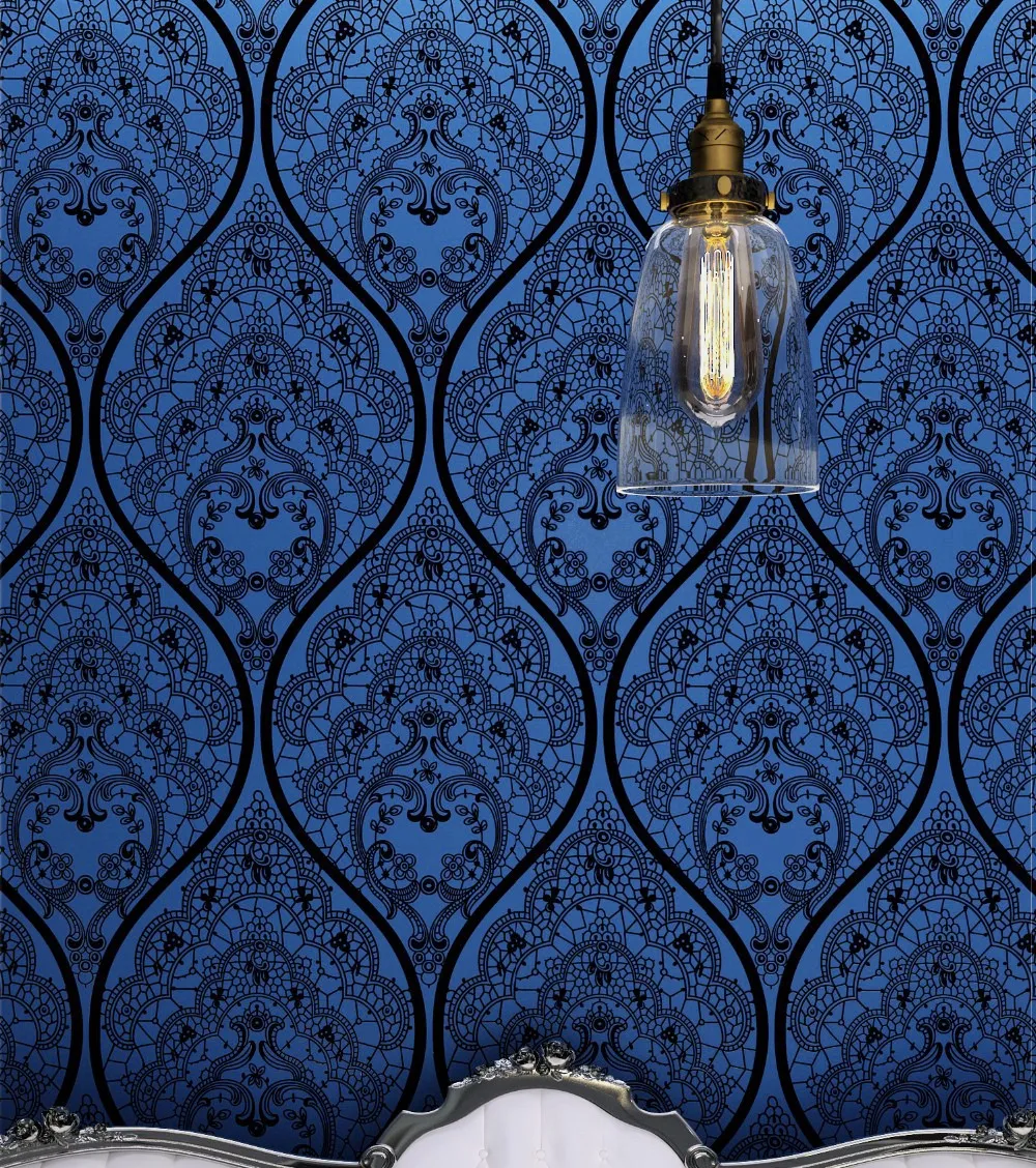 Luxur Damask tapet blå och svart sammet non vävd 3D präglad vägg som täcker vardagsrum för hemväggsdekoration