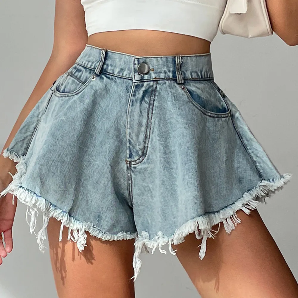 Shorts pour femmes 2023 Femmes Denim avec trous et taille haute Jeans à pompons amples S XXL 230329