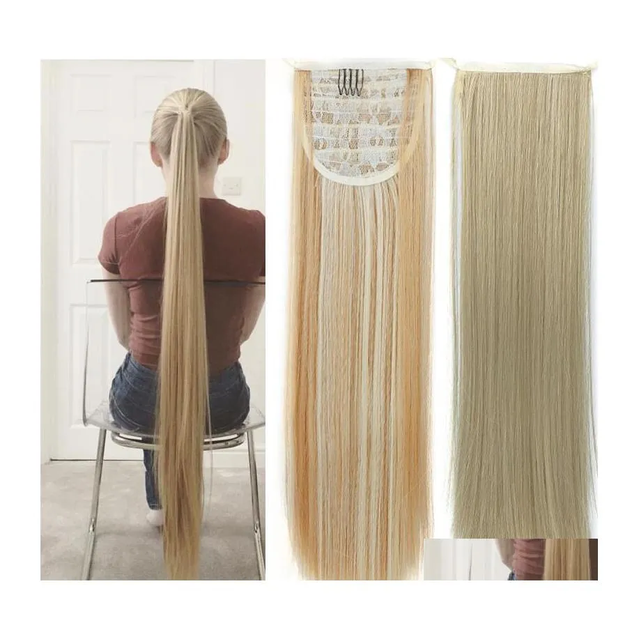 Synthetic Wigs Long Silky Straight Ponytails Clip In Pony Tail Heat Resistant Fake Hair Wrap Round Hairpiece 3032 Inch Drop Delivery Dhv8Z