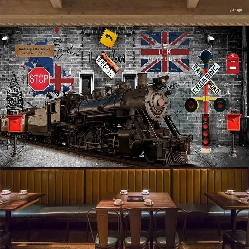 Bakgrunder Anpassad självhäftande vattentät väggmålning 3D Stereo Train Brick Fresco Restaurant Cafe Retro Wall Sticker Papel de Parede