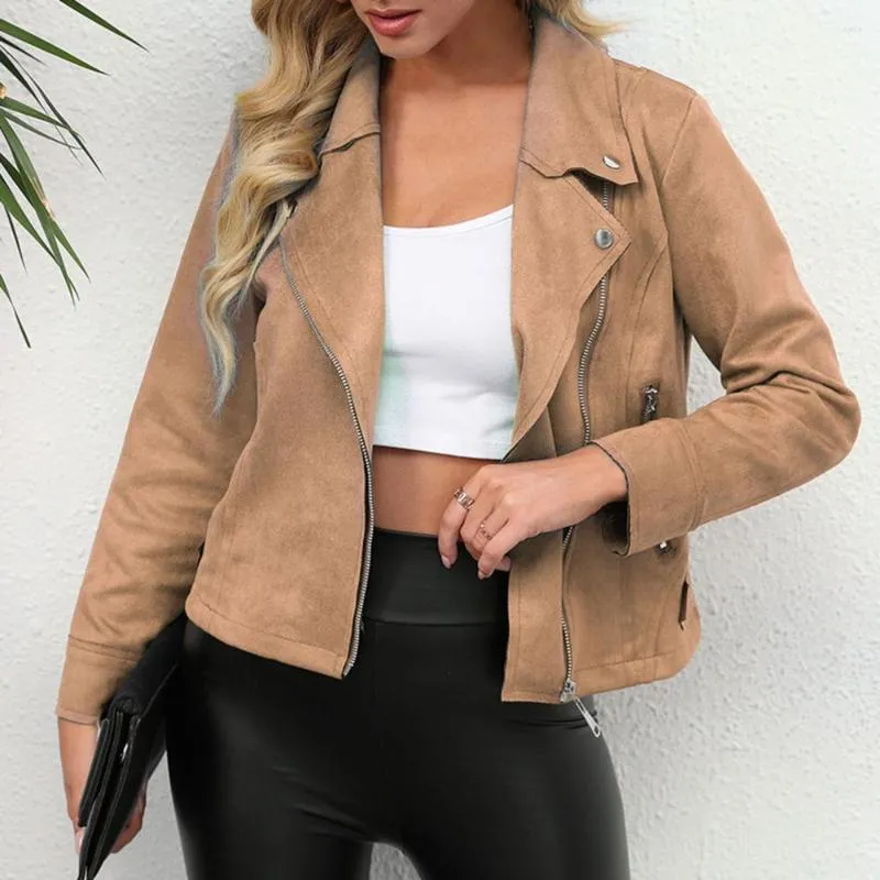 Women's Jackets Short Style Women Jacket Lapel Outfit Autumn Pockets Turn-down Collar Cardigan Zipper Streetwear Bike Coat