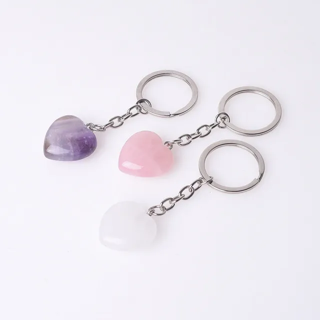 Natural Crystal Stone 20MM Heart Amethyst Rose Quartz Key rings Keychain Bag Pendant Car Decor Key Chain Keyholder