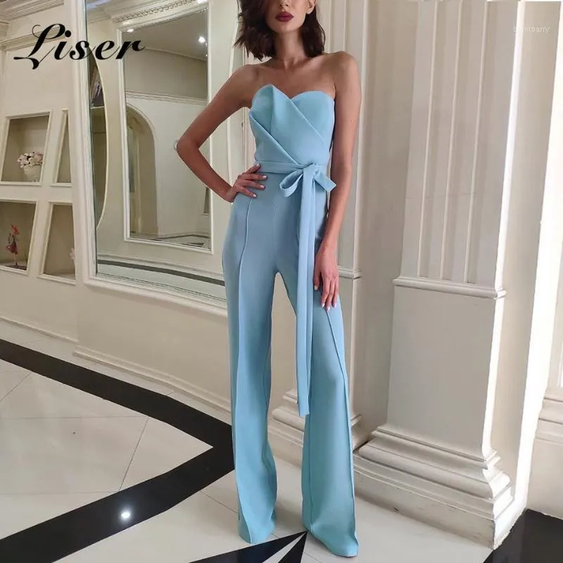 Damen Jumpsuits Strampler Liser 2023 Sommer Frauen Trägerlose Schärpen Jumpsuits Sexy Bodycon Elegant Club Promi Party Blau Jumpsuit Vestid