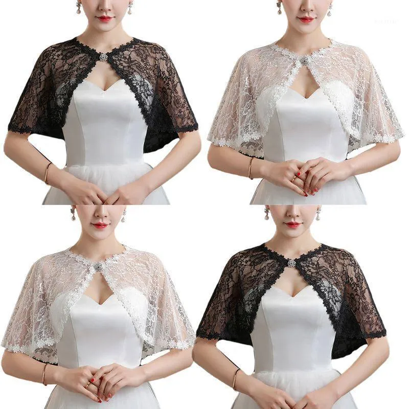 Scarves Womens Bridal Wedding Floral Lace Wrap Shawl Perspective Embroidery Prom Bolero Shrug Rhinestone Buckle Open Front Stole Cape