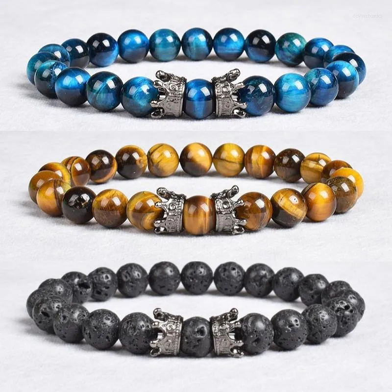 Strand Natural Yellow Tiger Eye Stone met sleepkroonarmband 8mm ronde kralen Elastische armbanden voor mannen Prachtige geschenk charme sieraden