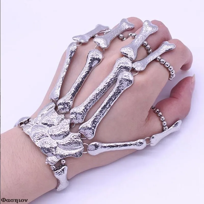 Bangle Handmade Halloween Wristband Skull Fingers Metal Skeleton Hand Bracelet With Ring For Women Birthday GiftsBangle