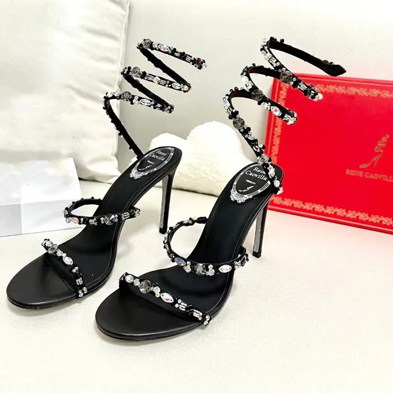 Sandals High Heels Dress Shoes Sandal Luxury Designer Crystal Ankle Strap Winding 10Mm Fashionable Stiletto Heel For Womens Rene Caovilla 35-43Size